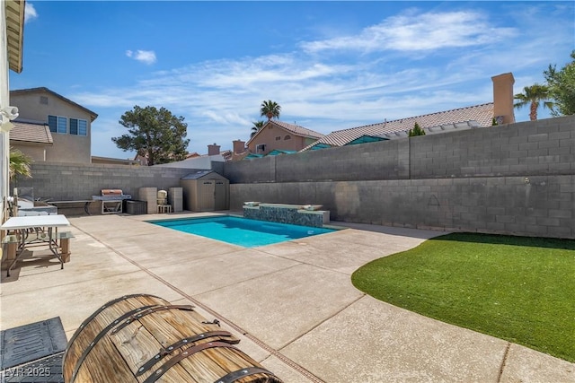 view of swimming pool featuring a fenced in pool, a patio, and a fenced backyard