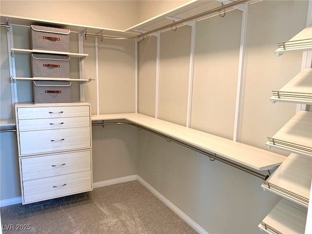 spacious closet featuring dark carpet