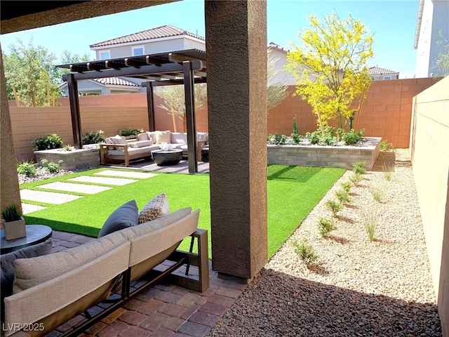 view of yard featuring a patio area, an outdoor hangout area, a pergola, and a fenced backyard