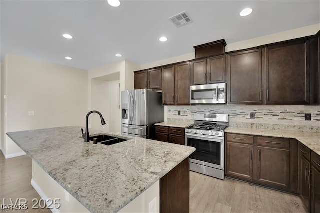 kitchen with visible vents, a sink, stainless steel appliances, dark brown cabinets, and tasteful backsplash