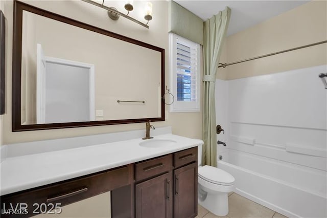 bathroom with tile patterned flooring, toilet, vanity, and shower / bath combination with curtain