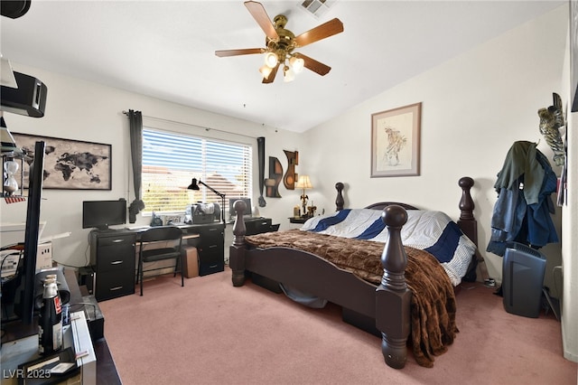 bedroom featuring vaulted ceiling, carpet, visible vents, and ceiling fan