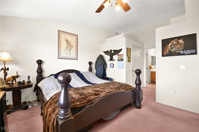 carpeted bedroom featuring baseboards and a ceiling fan