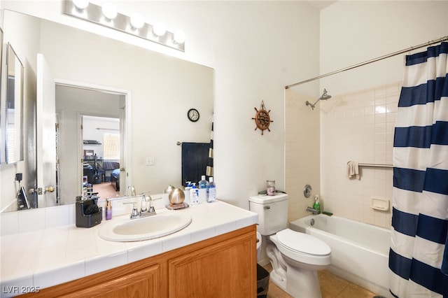 bathroom featuring vanity, toilet, shower / bath combo, and tile patterned flooring