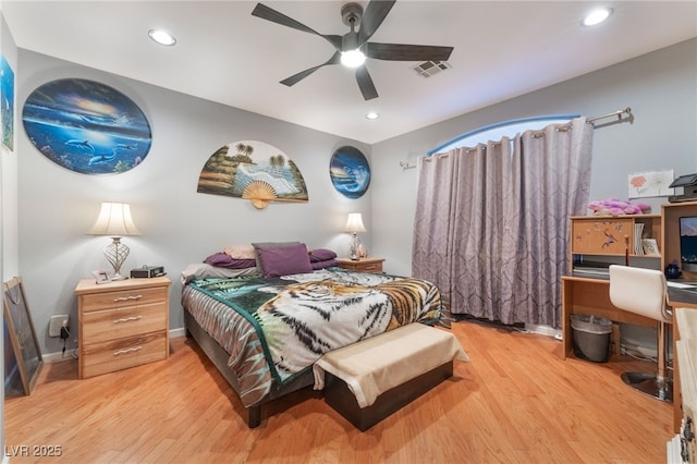 bedroom featuring recessed lighting, a ceiling fan, visible vents, and light wood finished floors