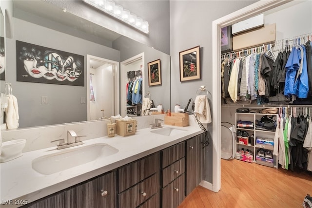 bathroom featuring double vanity, a spacious closet, wood finished floors, and a sink