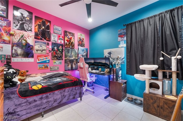 tiled bedroom with baseboards and ceiling fan