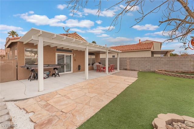 rear view of house with stucco siding, a tiled roof, a pergola, and fence