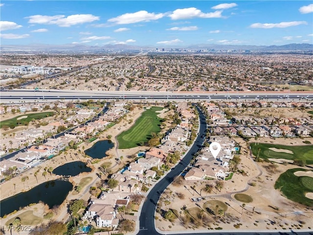 drone / aerial view featuring a mountain view and a residential view