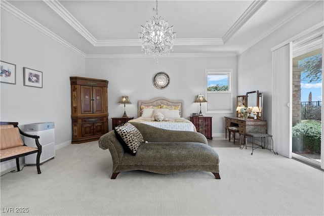 bedroom featuring baseboards, light carpet, a chandelier, and crown molding