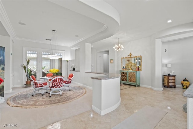 dining space with visible vents, marble finish floor, ornamental molding, an inviting chandelier, and baseboards