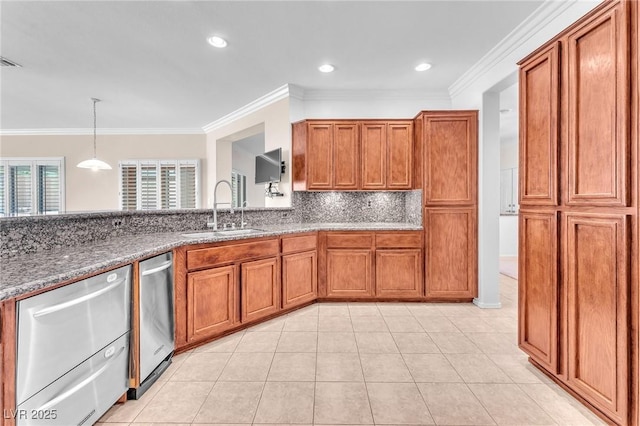 1596 Fieldbrook St, Henderson, NV 89052 - kitchen featuring a sink, stainless steel dishwasher, brown cabinets, crown molding, and recessed lighting