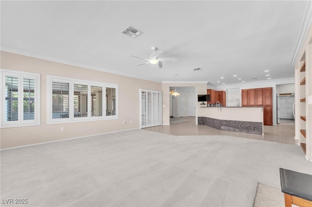 1596 Fieldbrook St, Henderson, NV 89052 - unfurnished living room with a ceiling fan, crown molding, light carpet, baseboards, and recessed lighting