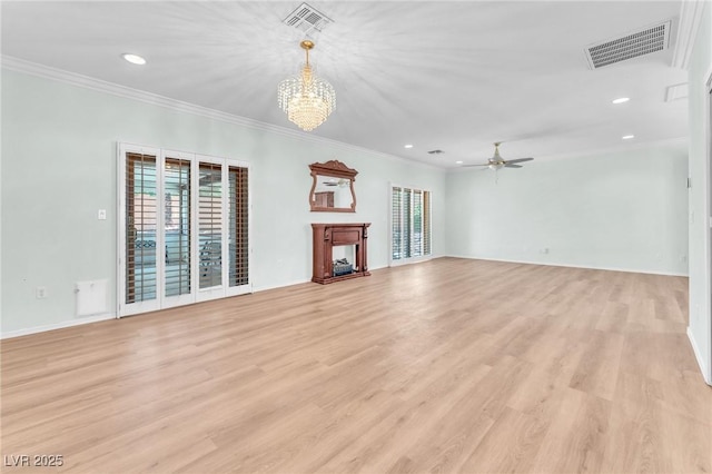 1596 Fieldbrook St, Henderson, NV 89052 - unfurnished living room with ornamental molding, recessed lighting, a chandelier, light wood-style floors, and ceiling fan