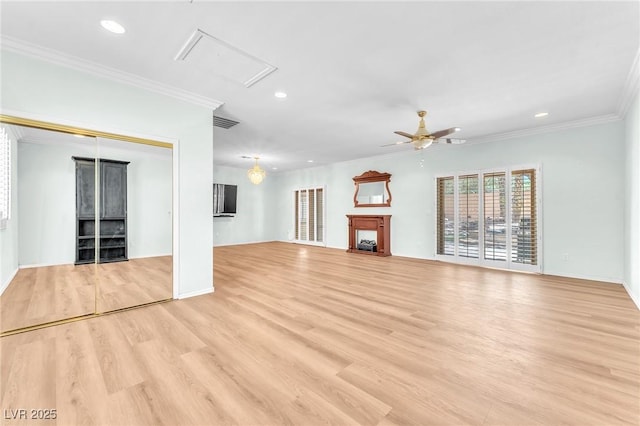 1596 Fieldbrook St, Henderson, NV 89052 - unfurnished living room with attic access, recessed lighting, light wood-style floors, ornamental molding, and a ceiling fan