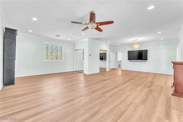 1596 Fieldbrook St, Henderson, NV 89052 - unfurnished living room featuring recessed lighting, light wood-type flooring, a ceiling fan, crown molding, and baseboards