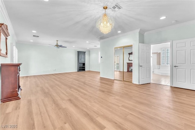 1596 Fieldbrook St, Henderson, NV 89052 - unfurnished living room with ceiling fan, a chandelier, light wood finished floors, crown molding, and recessed lighting