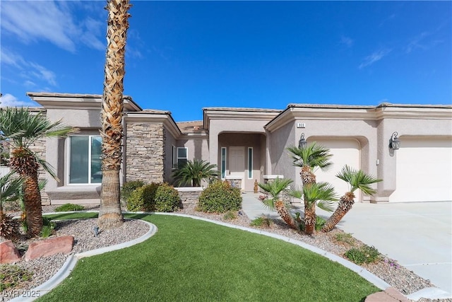 view of front of property with driveway, stucco siding, a front lawn, a garage, and stone siding