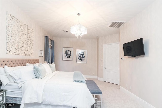 bedroom with visible vents, light carpet, baseboards, and an inviting chandelier