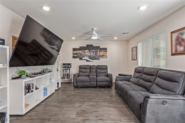 2901 Bahama Yellow Ave, North Las Vegas, NV 89086 - living room with recessed lighting, visible vents, a ceiling fan, and wood finished floors