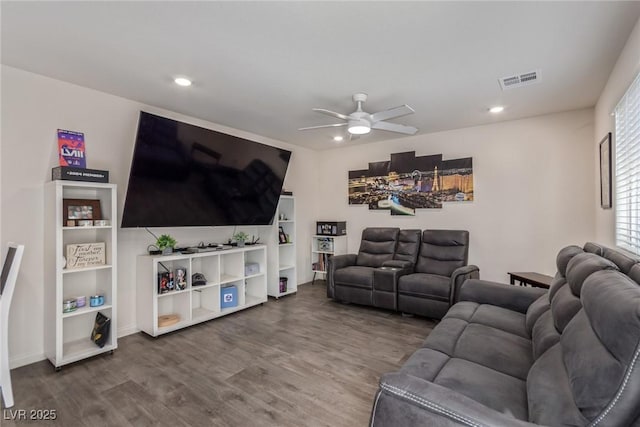 2901 Bahama Yellow Ave, North Las Vegas, NV 89086 - living area featuring visible vents, a ceiling fan, recessed lighting, and dark wood-style floors