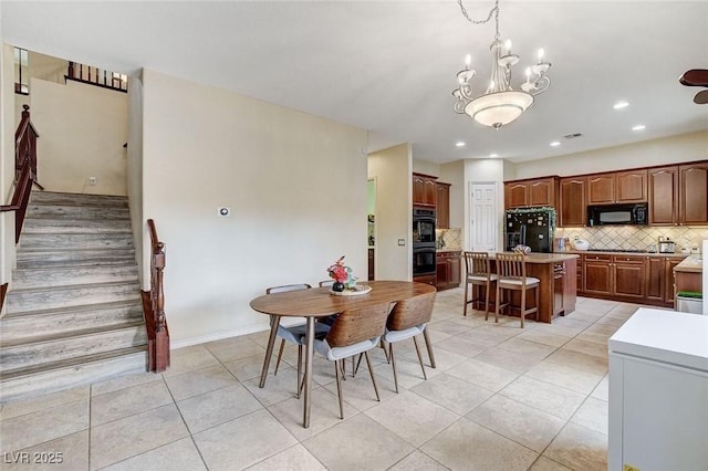 dining area with baseboards, an inviting chandelier, light tile patterned flooring, recessed lighting, and stairs