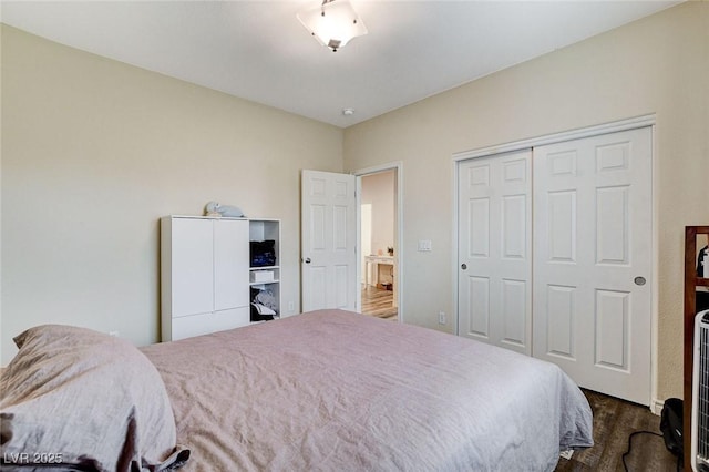 bedroom featuring a closet and dark wood-type flooring