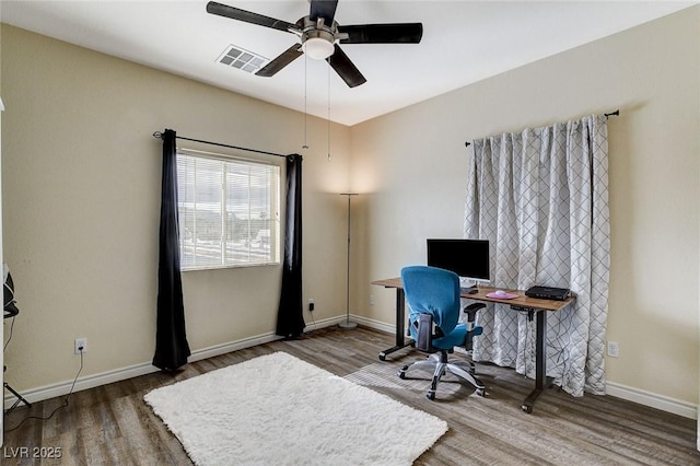 office featuring visible vents, ceiling fan, baseboards, and wood finished floors