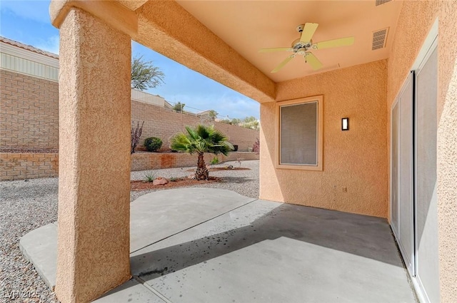 view of patio / terrace with visible vents, ceiling fan, and a fenced backyard