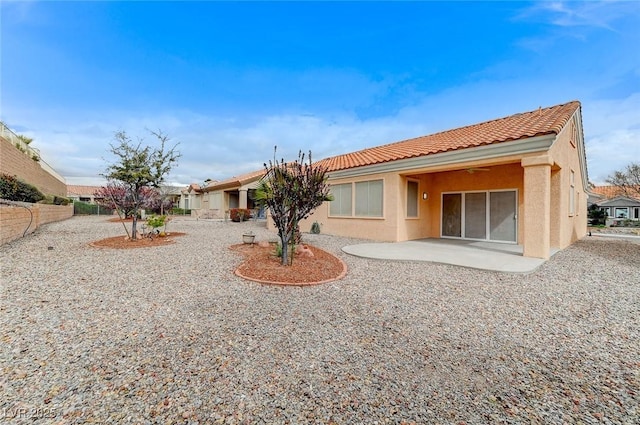 back of property with stucco siding, a patio, and a tile roof