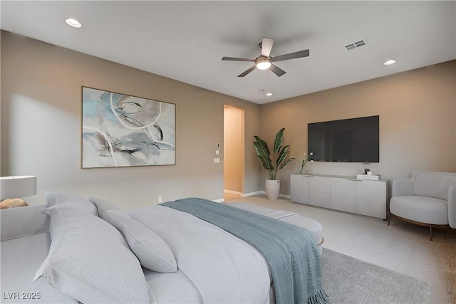 bedroom with recessed lighting, visible vents, light carpet, and ceiling fan