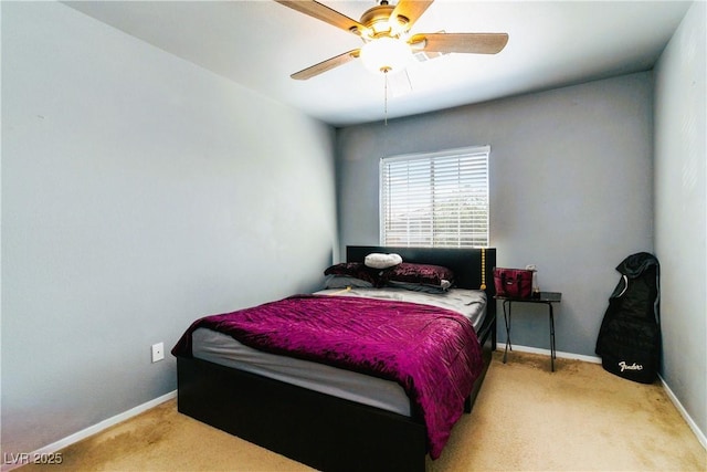 bedroom with carpet flooring, baseboards, and ceiling fan