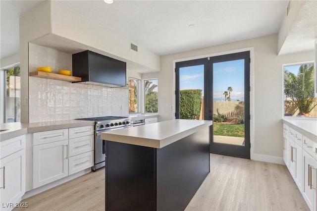 kitchen featuring tasteful backsplash, premium range hood, light wood-style flooring, stainless steel stove, and open shelves