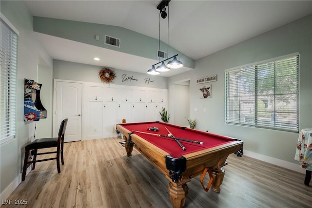 playroom with light wood finished floors, visible vents, baseboards, lofted ceiling, and billiards