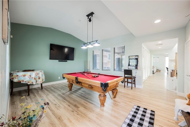 rec room featuring billiards, recessed lighting, light wood finished floors, baseboards, and vaulted ceiling