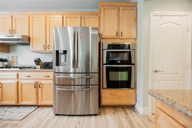 kitchen with under cabinet range hood, appliances with stainless steel finishes, and light brown cabinetry