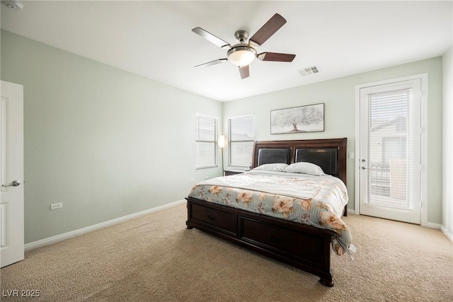 bedroom with visible vents, baseboards, carpet, and access to exterior