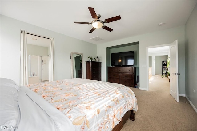 bedroom with ceiling fan, visible vents, baseboards, and light carpet