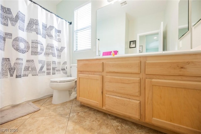 full bath with visible vents, toilet, a shower with curtain, tile patterned floors, and vanity