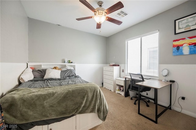 bedroom with a ceiling fan, carpet, visible vents, and baseboards