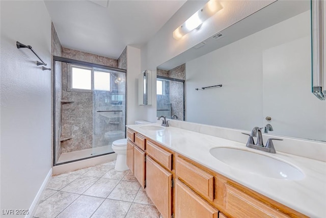 full bathroom with tile patterned flooring, a shower stall, toilet, and a sink