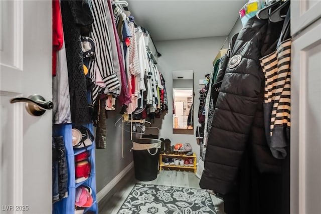 walk in closet with wood finished floors