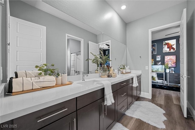 bathroom with baseboards, wood finished floors, and vanity