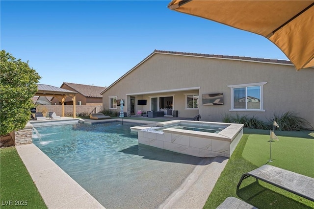 view of pool featuring a patio area, an outdoor living space, a pool with connected hot tub, and fence