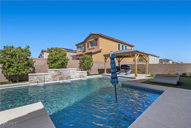 view of swimming pool featuring a gazebo, a fenced in pool, a patio, and a fenced backyard