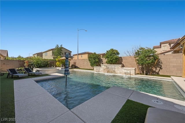 view of pool featuring an in ground hot tub, a fenced backyard, a fenced in pool, and a patio area