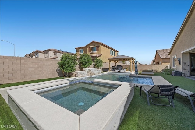 view of swimming pool with cooling unit, a fenced in pool, an in ground hot tub, a fenced backyard, and a gazebo