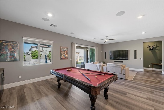 rec room featuring visible vents, pool table, baseboards, recessed lighting, and wood finished floors