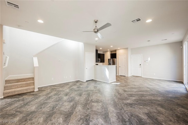 3158 Teaderman Walk, Henderson, NV 89044 - unfurnished living room featuring a ceiling fan, stairs, baseboards, and recessed lighting