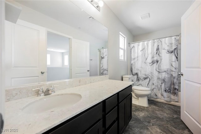 3158 Teaderman Walk, Henderson, NV 89044 - bathroom featuring vanity, toilet, a shower with curtain, and stone finish flooring